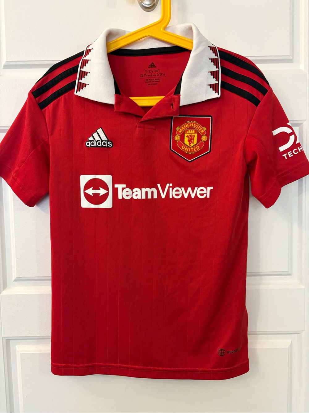 adidas Red Manchester United Kids Soccer Jersey with White Collar
